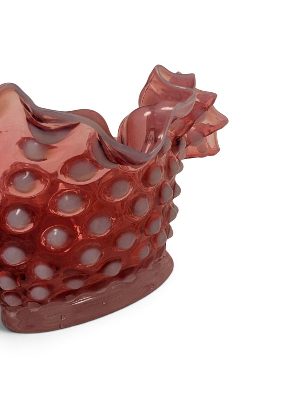 VINTAGE Fenton Hobnail Ruffled Bowl Glass Cranberry Pink Red White BonBon Dish - Picture 3 of 10